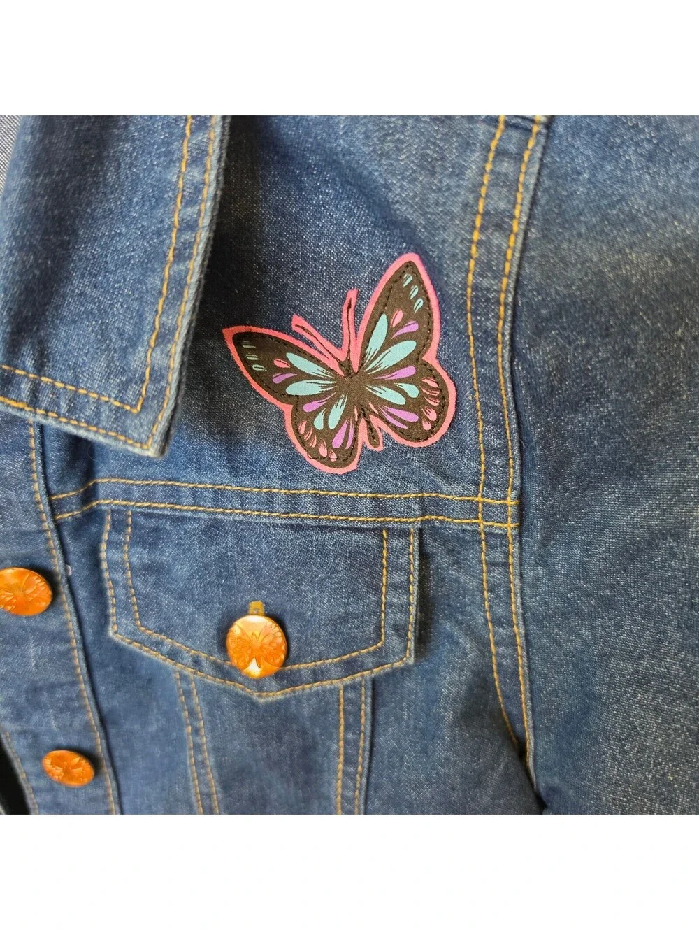 #0301 Picapino Girl's Denim Jacket with Colorful Butterfly Design, Size 10